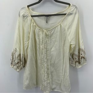 BCBGeneration Womens Medium Blouse Button Up Peasant Lace Embroidery Scoop Neck